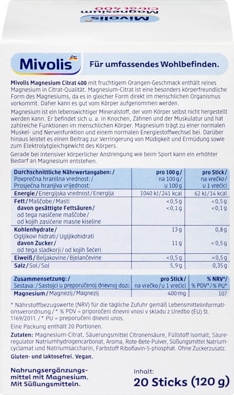 Mivolis Citrate de magnésium 400 granulés sticks 20 pc 120 g