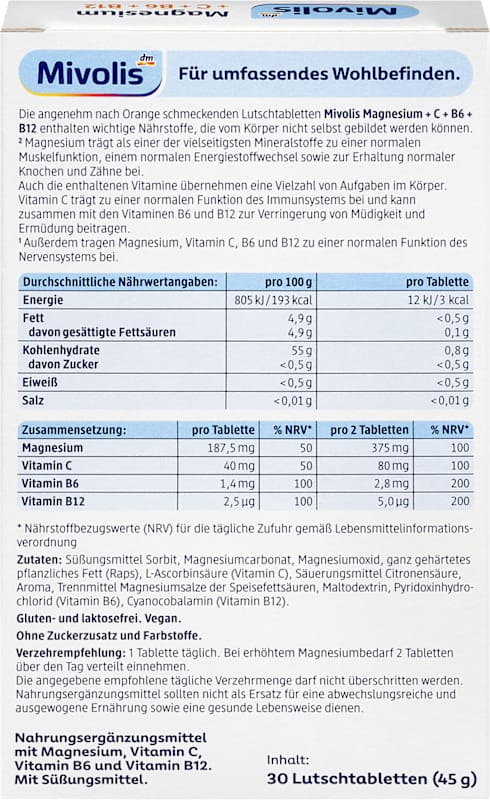 Mivolis Magnésium + Vitamine C + B6 + B12 pastilles 30 pièces 45 g
