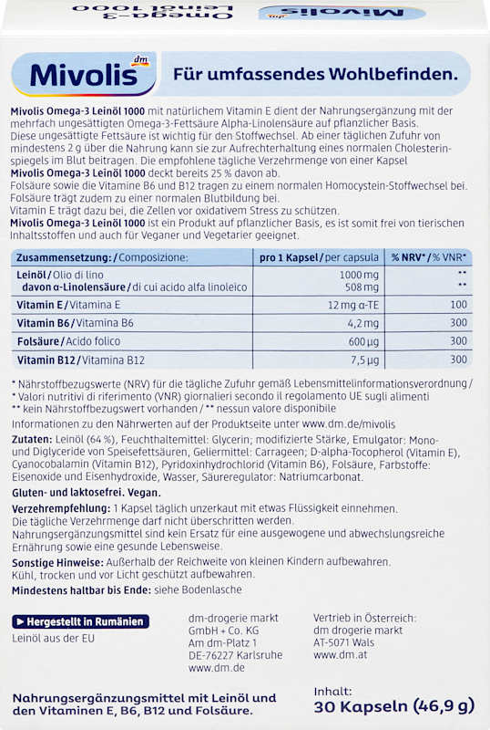 Mivolis Omega-3 Huile de lin 1000 capsules 30 pièces, 46,9 g