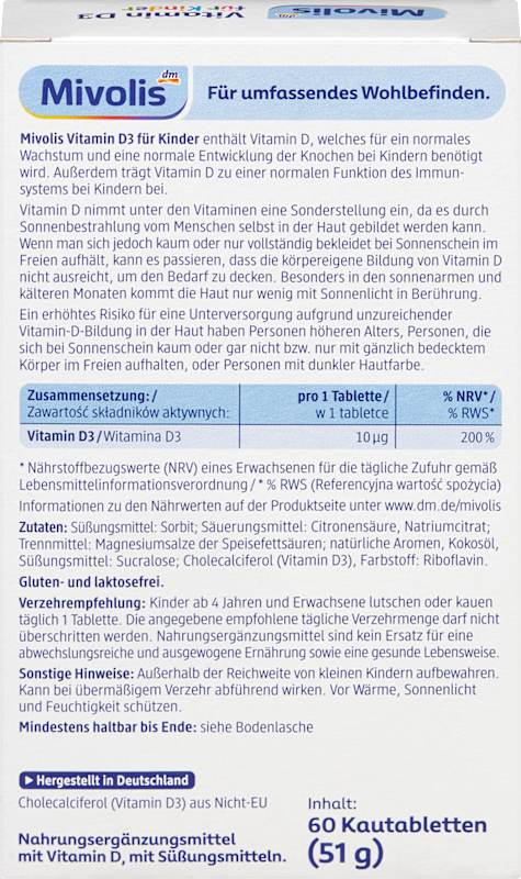 Mivolis Vitamine D3 enfants comprimés à croquer 60 pièces 51 g