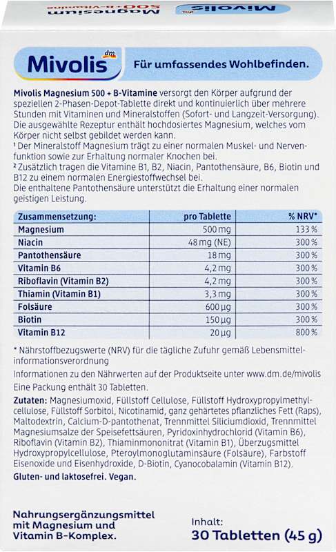 Mivolis Magnésium 500 + vitamines B comprimés 2 phases 30 pièces 45 g
