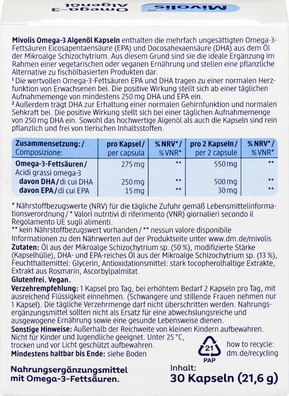 Mivolis Capsules huile d'algues Oméga-3 30 pièces 21,6 g