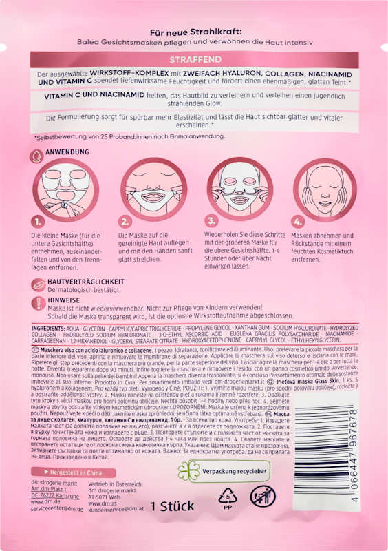 Balea Glass Skin masque collagène 1 pièce