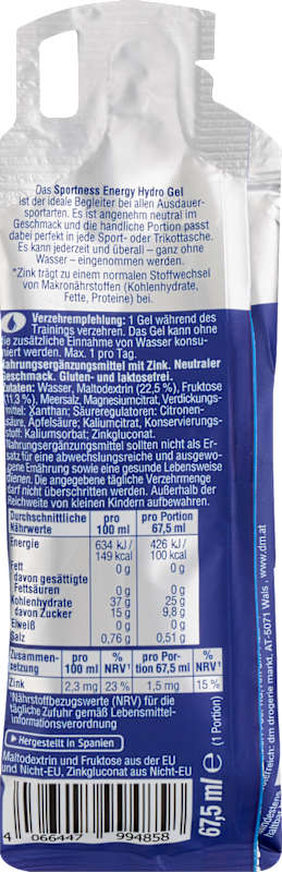 Sportness Gel Énergie Hydro Goût Neutre 67,5 ml