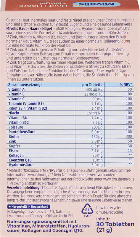 Mivolis Peau Cheveux Ongles 30 pièces 22 g
