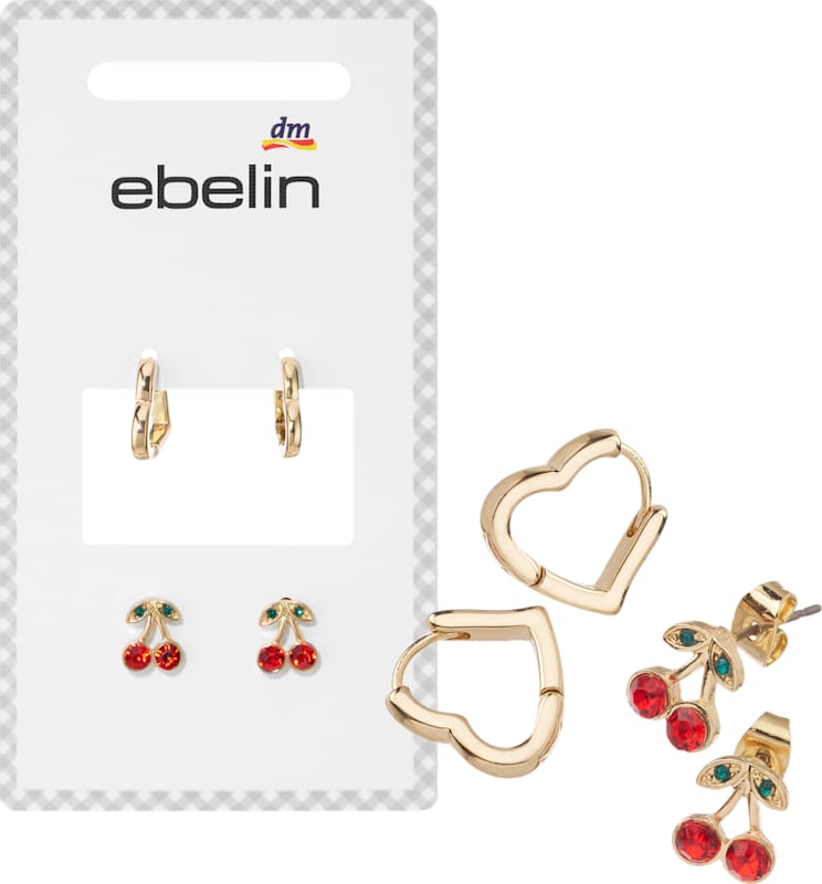 ebelin Boucles d'oreilles cœur & cerises doré 4 pièces