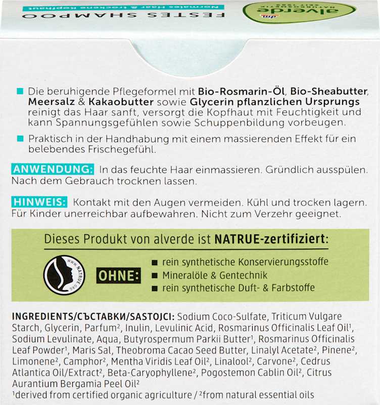 alverde NATURKOSMETIK Shampooing solide huile de romarin & sel marin 60 g