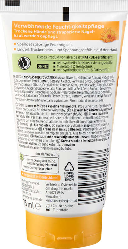 alverde NATURKOSMETIK Crème mains et ongles Calendula & acide hyaluronique, 75 ml