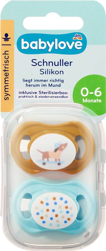 babylove Sucette silicone symétrique ocre/turquoise, T. 1, 0-6 mois, 2 pièces