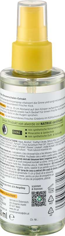 alverde NATURKOSMETIK brume corporelle Zitronentraum zeste de citron jus de bouleau 150 ml