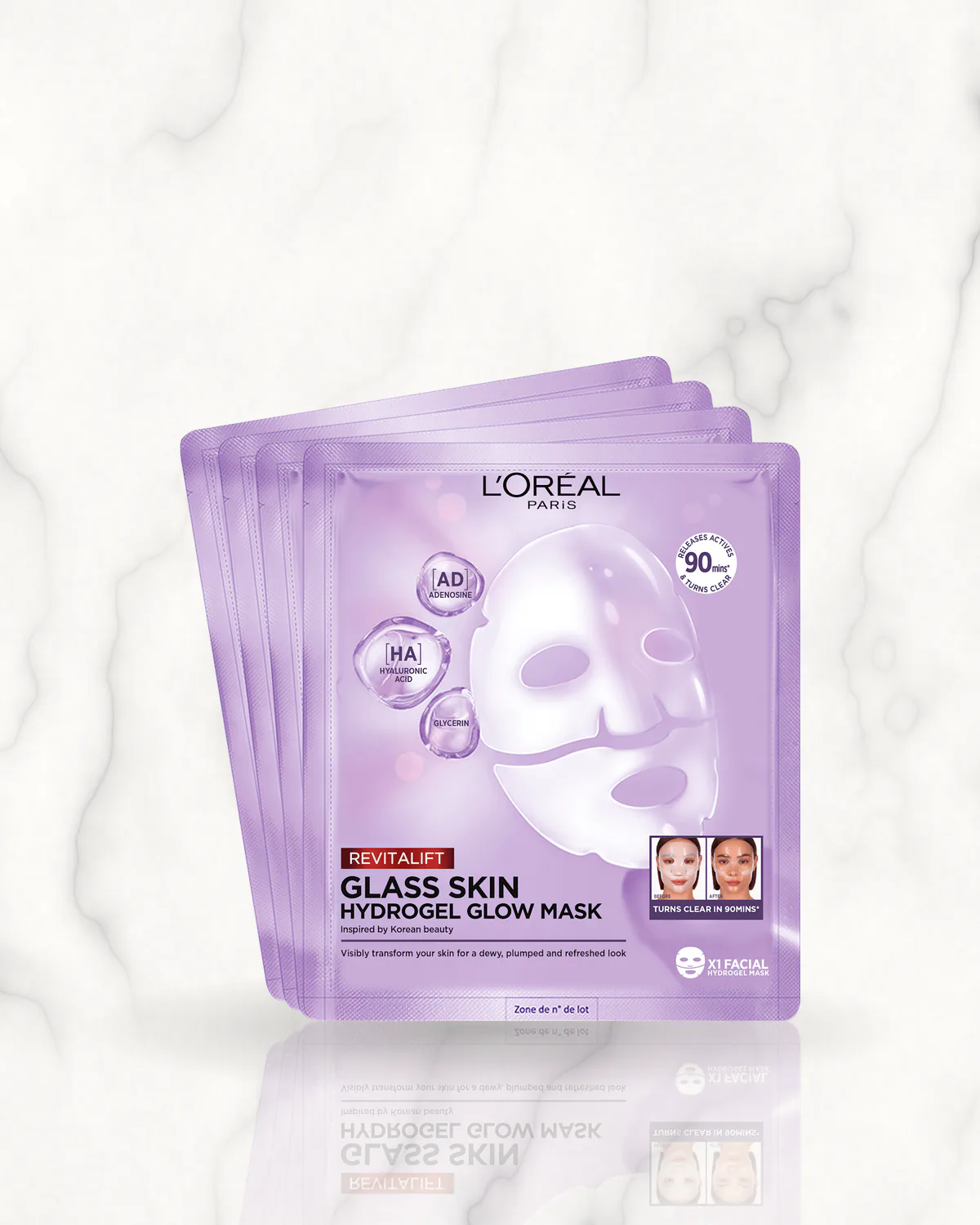 L'ORÉAL PARiS Masque visage Glass Skin Hydrogel Glow Mask Multipack, 4 pièces